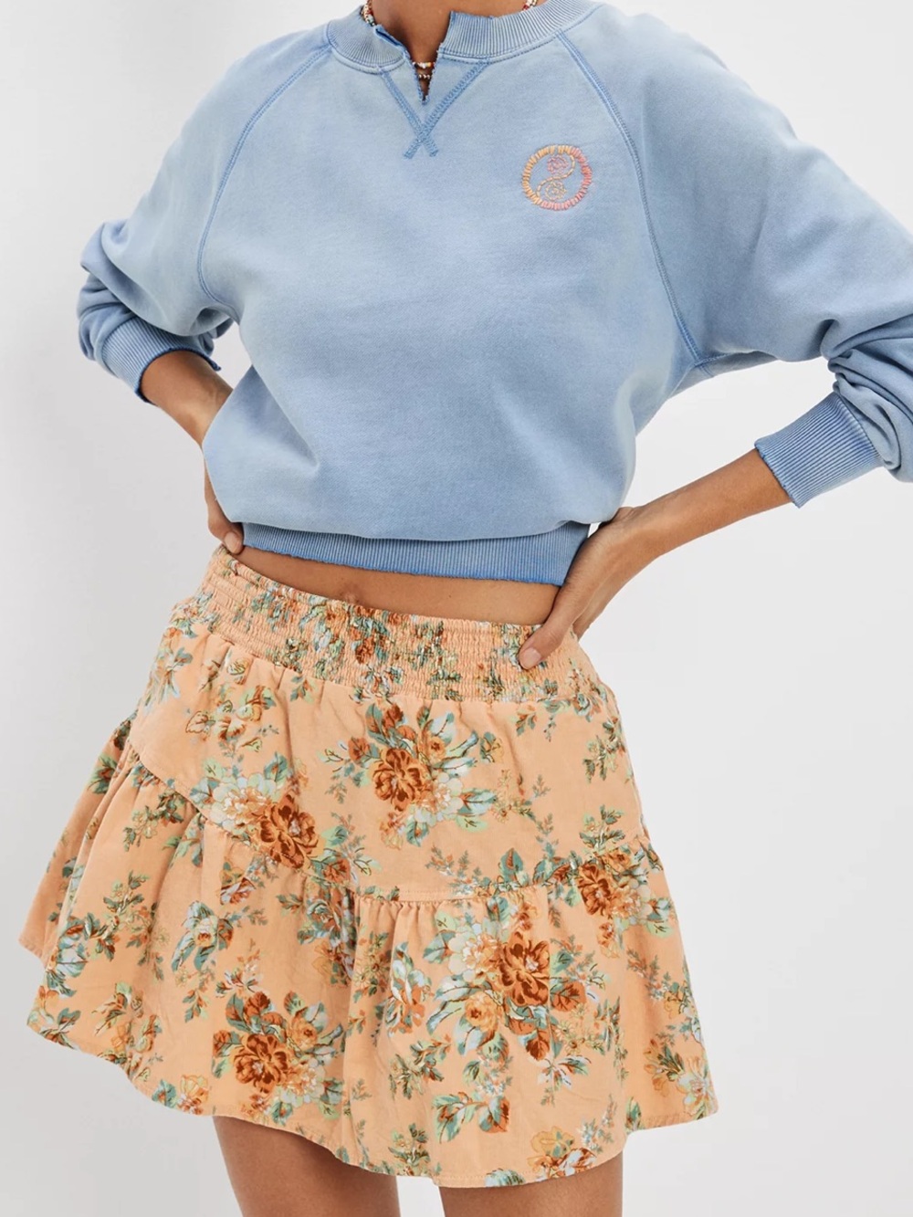 American Eagle Tiered Floral Corduroy Mini Skirt